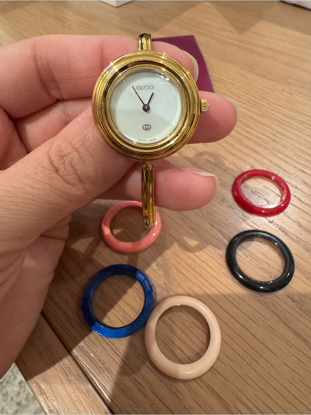 Gucci Gold Bangle Watch with White Dial and Multicolor Bezels